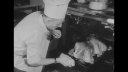 Various US military bases: steel barrack, base chapel, chefs cooking turkey, soldiers eating, December 1954 News Clip