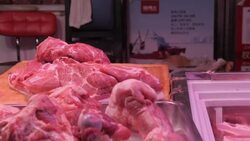 Butchers serving customers at a Beijing meat market News Clip