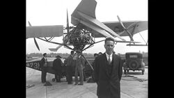 Inventor Maitland B. Bleecker performs ground test of his new helicopter in New York City News Clip