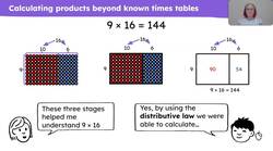 Use knowledge of the distributive law to calculate products beyond known times tables Instructional Video