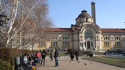 The Central Mineral Bath, an intersting landmark in the center of Sofia, Bulgaria Stock Footage