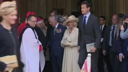 Britain's Prince Charles, Prince of Wales and Britain's Camilla, Duchess of Cornwall depart from Cathedral of Bayeux News Clip