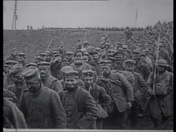 German POWs, armistice, US soldiers celebrate victory, march through German town, 1918 Stock Footage