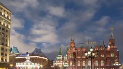 Christmas and New Year holidays illumination and Manege Square at night. Moscow, Russia Stock Footage