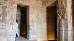 Egypt, Abu Simbel - Small Tample - Temple of Nefertari - Pronaos with Hathor pillars Stock Footage