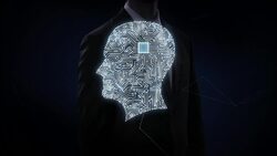Businessman touching CPU chip circuit board, connected human head shape, 4K movie.grow artificial intelligence. Stock Footage
