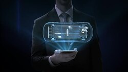 Businessman slide touch smart phone, Electronic car, ion battery echo car. Charging car battery. Battery level check, future car. top view. 4k movie. Stock Footage