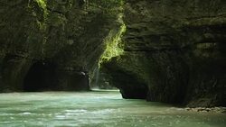 Amazing Okatse Canyon with huge rocks and beautiful river, natural miracle Stock Footage