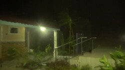 Strong Wind And Rain Lash Outside Of Hotel In Hurricane Stock Footage