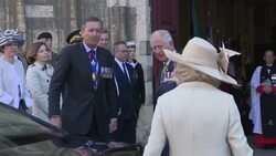 Britain's Prince Charles, Prince of Wales and Britain's Camilla, Duchess of Cornwall arrive at Cathedral of Bayeux News Clip