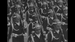 Military parade honoring President Rojas Pinilla with wife Carolina; speech in stadium News Clip