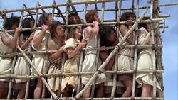 MEDIUM ANGLE OF SLAVES OR PRISONERS LOCKED IN WOODEN CAGE STRUGGLING TO ESCAPE. Stock Footage