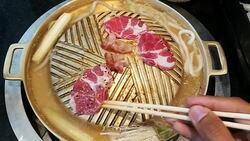 Grill pork , Close up of Meat grilled on brass pan. Stock Footage