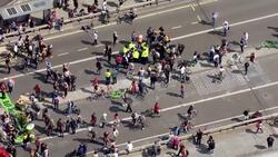 Aerials of Extinction Rebellion protesters on Waterloo Bridge News Clip