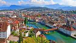 Aerial panorama of Lucerne, Switzerland Stock Footage