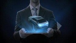 Businessman lifting smart pad, Rotating Electronic, hybrid, lithium ion battery echo car.  scanning inside view with user interface, eco-friendly future car. 4k movie.2. Stock Footage