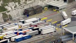 Stock shots freight trucks boarding P and O ferries at the Port of Dover News Clip