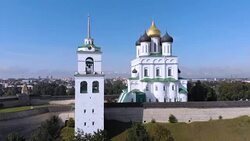 Pskov Kremlin, Cathedral Pskov Russia Aerial view Stock Footage