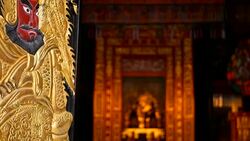 Wooden gates decorated with traditional chinese ancient holy door gods guardians Qin Shubao and Yuchi Jingde Gong. Entrance to chinese shrine with golden warrior protector angel. Tang Dynasty General Stock Footage