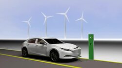 Electric car. Charging station and wind turbines. Stock Footage