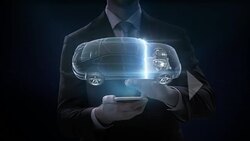 Businessman multi slide touch smart phone, Electronic car, ion battery echo car. Charging car battery. Battery level check, future car. side view. 4k movie. Stock Footage