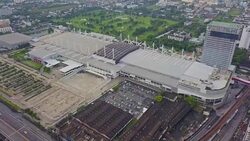 Aerial view of Bangkok International Trade and Exhibition Centre(BITEC) and traffic Stock Footage