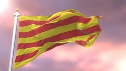 Catalonia flag waving at wind in blue sky at sunset, loop Stock Footage