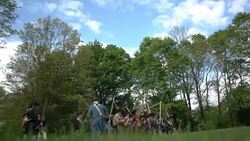 Colonial soldiers retreating during Revolutionary War battle reenactment Stock Footage