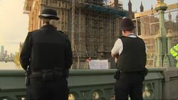 Police officers looking at anti-lockdown protester with banners on Big Ben News Clip