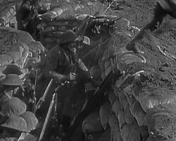 WWI, allied troops fighting from trenches, German troops surrender in trench, Ludendorff and Hindenburg discuss movements over map. 1917 Stock Footage