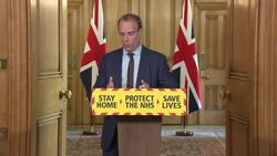 Dominic Raab answers question from media at daily coronavirus press briefing in Downing Street News Clip