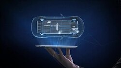 Lifting smart pad, tablet, Electronic car,  ion battery echo car. Charging car battery. Battery level check, future car. top view. 4k movie. Stock Footage