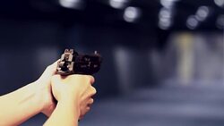 Shooting with Gun at Target in Shooting Range Stock Footage