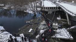 CLEAN : Ukraine: aerial images of civilians crossing destroyed bridge News Clip
