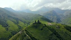 Aerial of Gergeti Trinity Church, Georgia Stock Footage