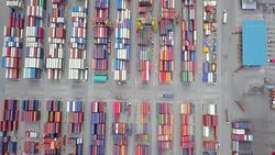 Strait of Malacca Aerial view port container terminal container ship in import export and business logistic at Deep water port Singapore Stock Footage