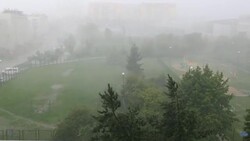 Heavy Rainfall During Thunderstorm Seen From City Flat Stock Footage