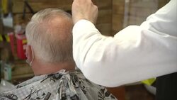 Men having haircuts in a barbers' after lockdown easing News Clip