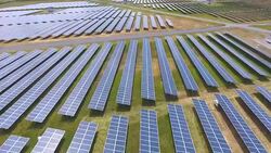 Aerial View of Solar Farm with Sunlight, Renewable Energy, Solar Energy Stock Footage