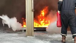 Slow motion of Fire Fighting training by Dry powder, Fire extinguisher, water spray and foam for heavy industry or oil and gas industrial Stock Footage