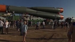 Soyuz MS13 rocket prepares for launch in Kazakhstan. News Clip