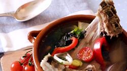 Tasty Shurpa - rich spicy vegetable soup with lamb meat Stock Footage