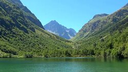 View lake scenes in mountains, national park Dombai, Caucasus, Russia, Europe Stock Footage