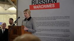 UK: Ukraine's First Lady Olena Zelenska attends the opening of a Russian war crimes exhibition at Portcullis House News Clip