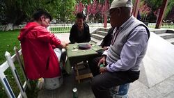 Local people play traditional dice game in the park. Stock Footage