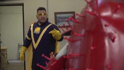 CLEAN : Superhero battles Covid lies in California theater production News Clip