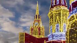 Christmas (New Year holidays) decoration on the area of the Kiyevskaya (Kiyevsky ) Railway Station at night, Moscow, Russia Stock Footage