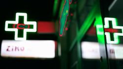 Pharmacy store, Green neon Stock Footage