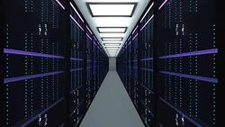 Large server room interior in datacenter, web network and internet telecommunication technology, data storage and cloud service concept Stock Footage