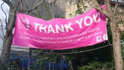 Thank you siign at food bank in Islington News Clip